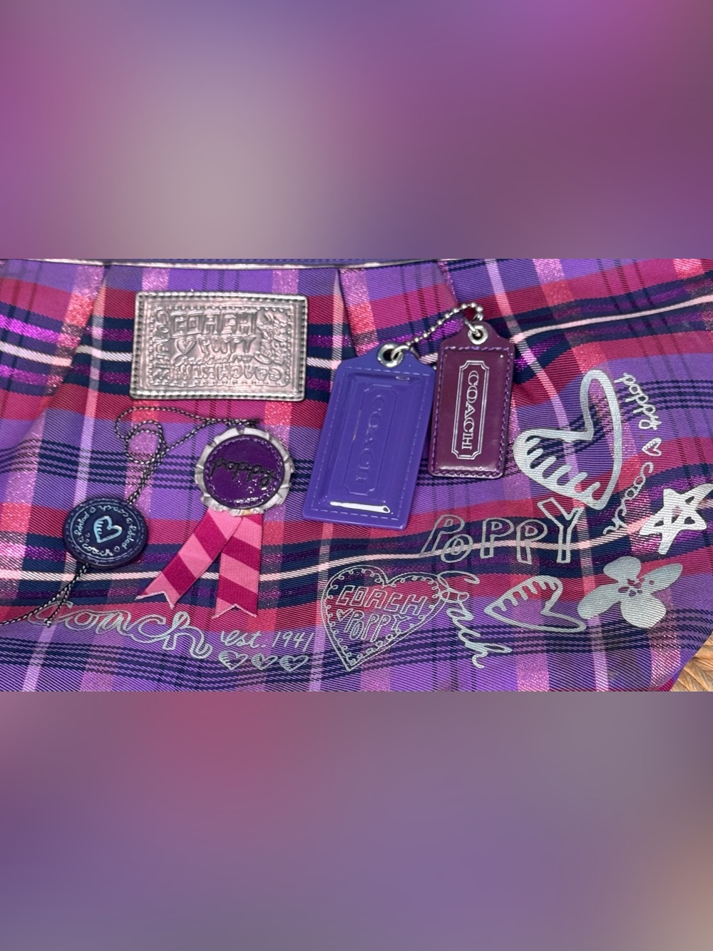 Coach Poppy Glam Purple Tartan Graffiti Tote - Picture 3 of 17